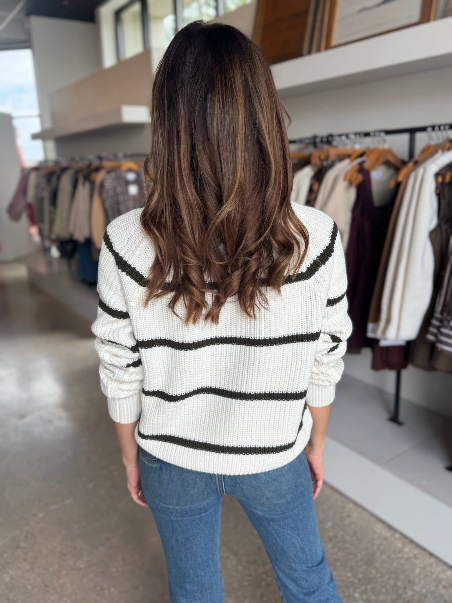 Olive Stripe Edie Raglan Crewneck Sweater - Amor Lafayette