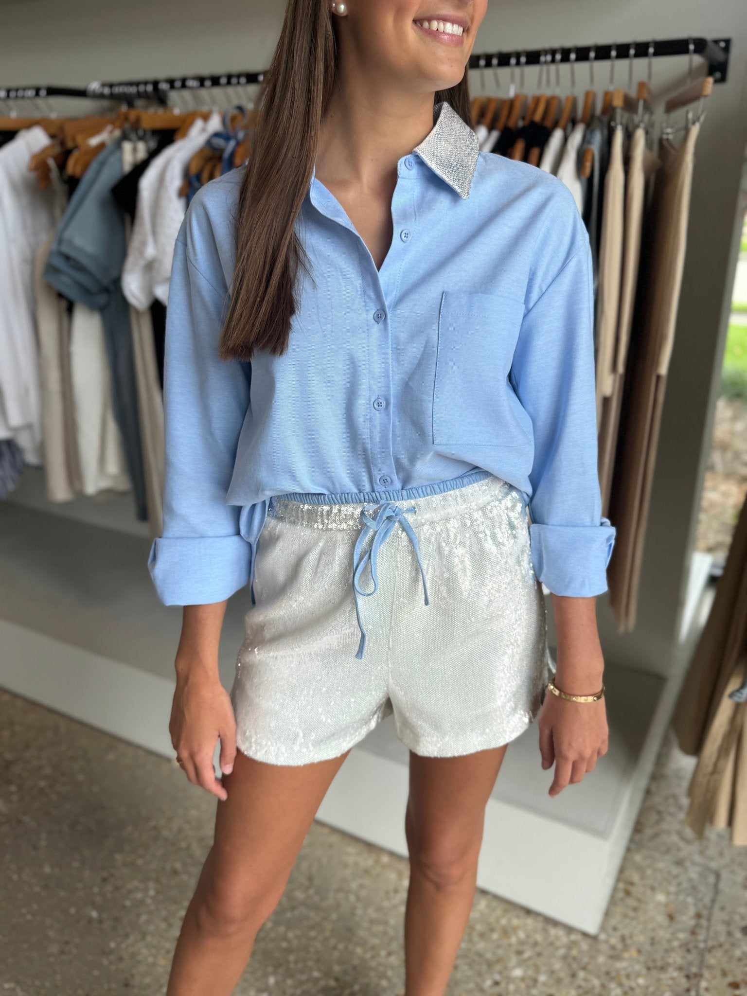 Oversized Sequin Collared Shirt - Amor Lafayette