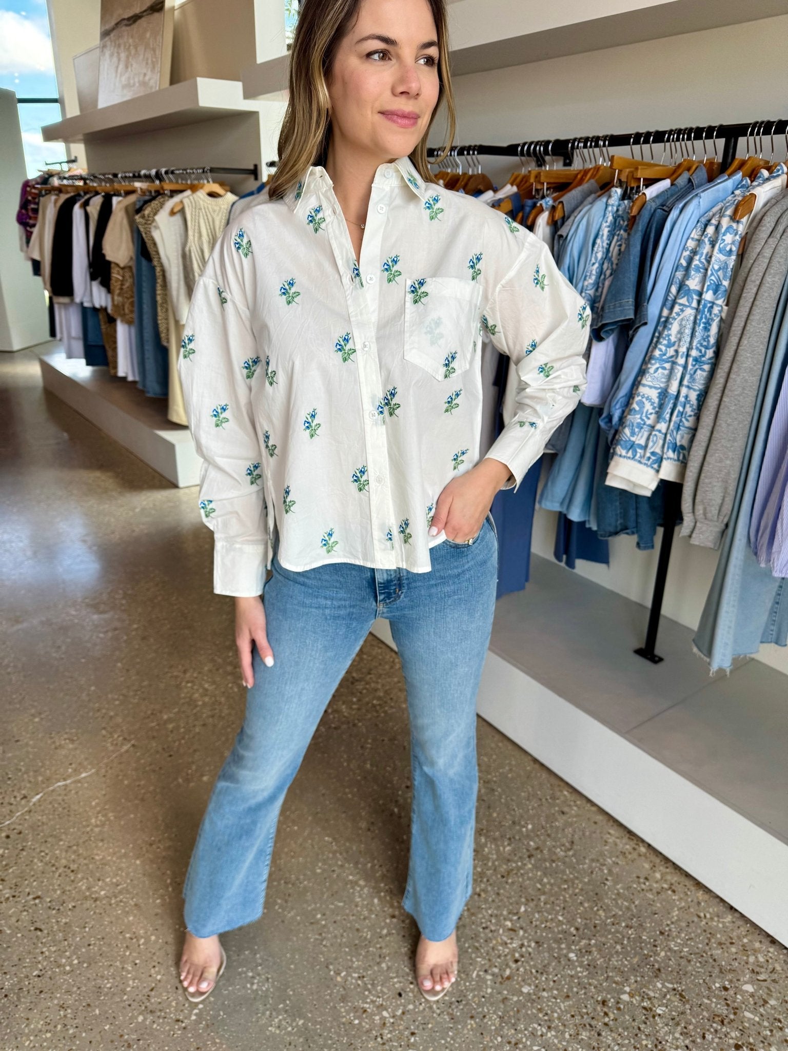 Oversized Top Blue Green Floral Jacquard Top - Amor Lafayette