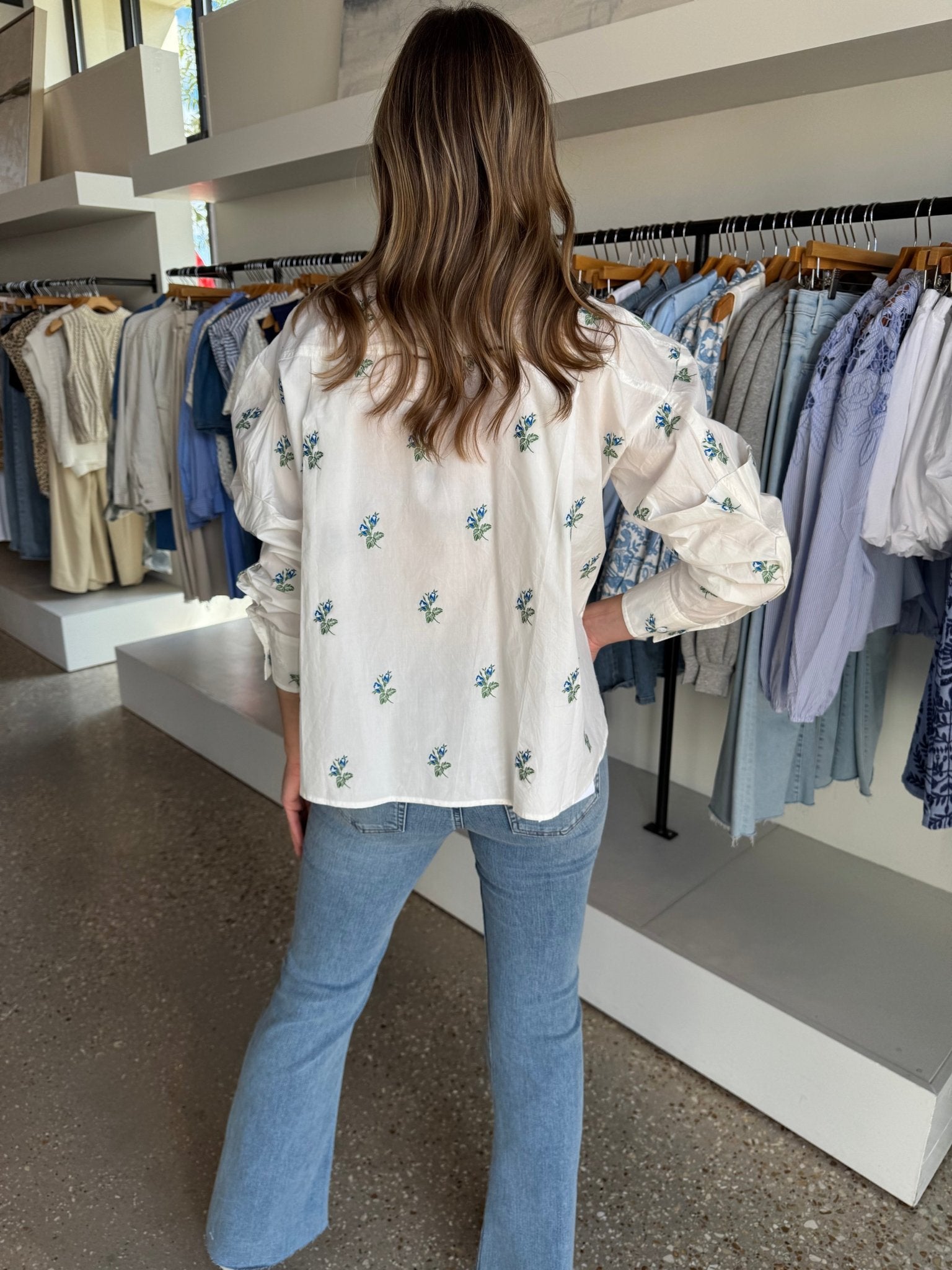 Oversized Top Blue Green Floral Jacquard Top - Amor Lafayette