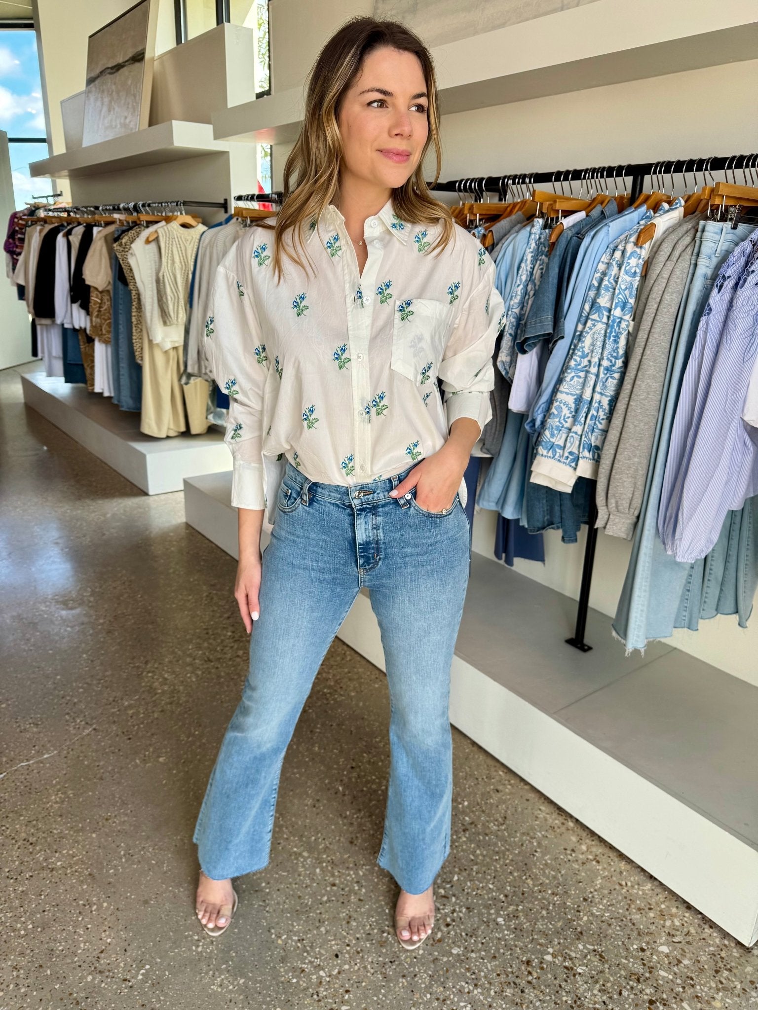 Oversized Top Blue Green Floral Jacquard Top - Amor Lafayette