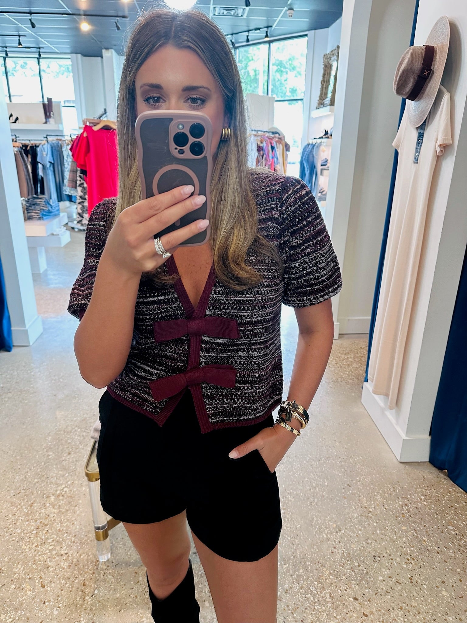 Oxblood Elaine Marled Bow Cardi - Amor Lafayette