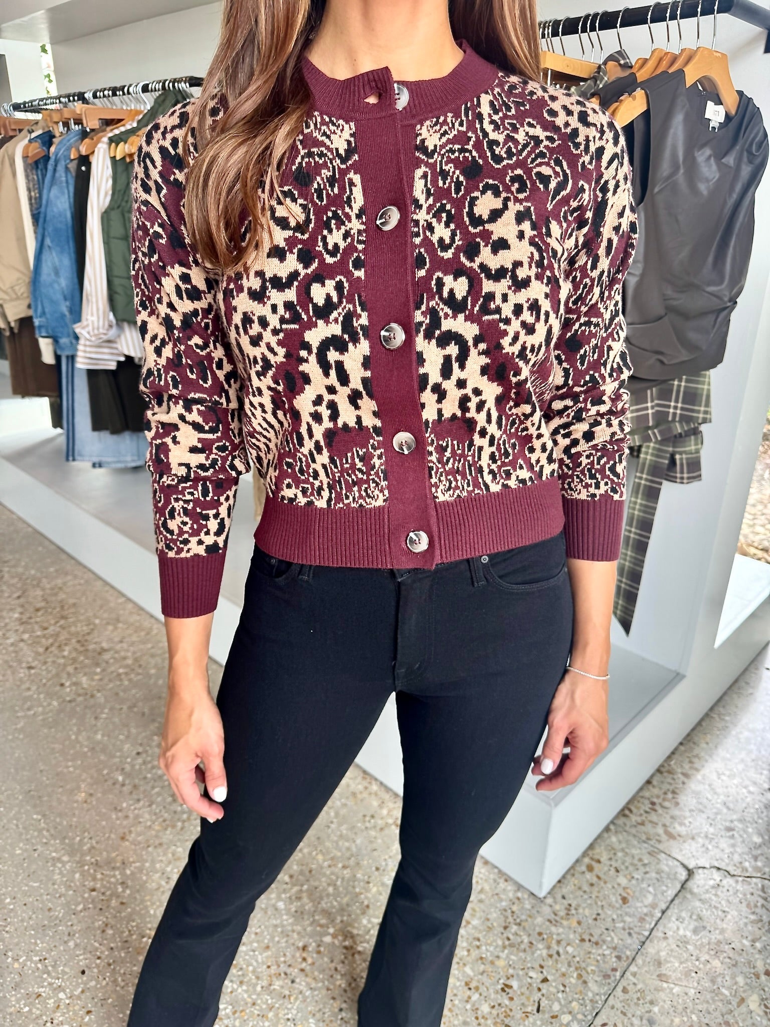 Oxblood Ollie Leopard Cardigan - Amor Lafayette