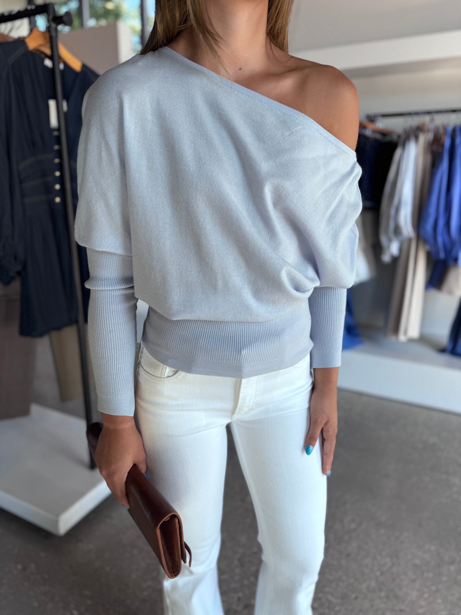 Periwinkle Lavina Draped Off Shoulder Sweater - Amor Lafayette