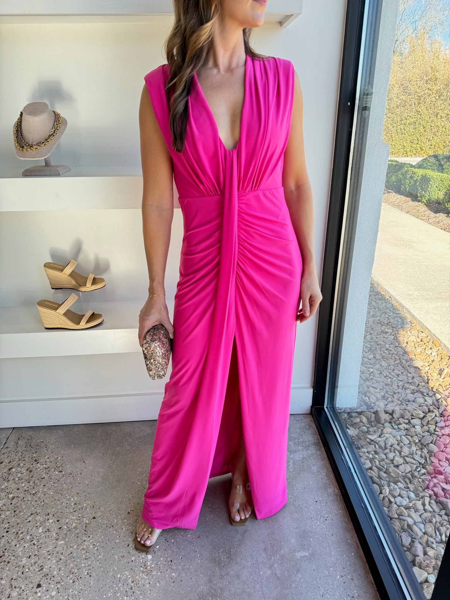 Pink Deep V Shirred Dress - Amor Lafayette