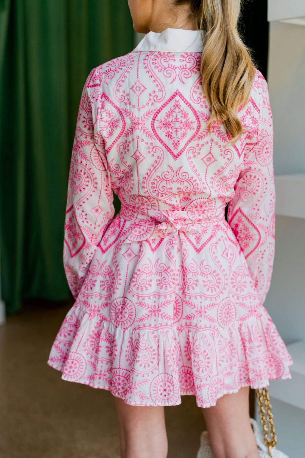 Pink Eyelet Collared Mini Dress - Amor Lafayette