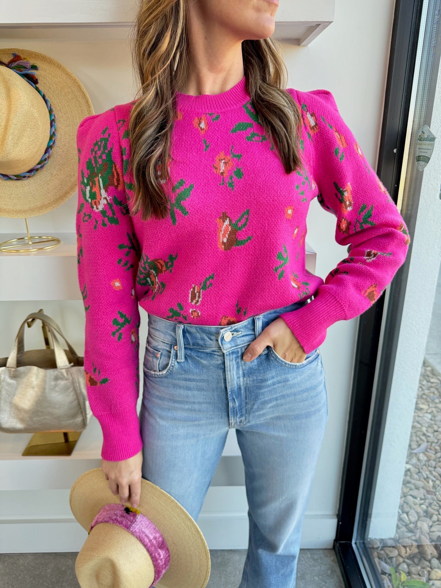 Pink Floral Crew Neck Sweater - Amor Lafayette