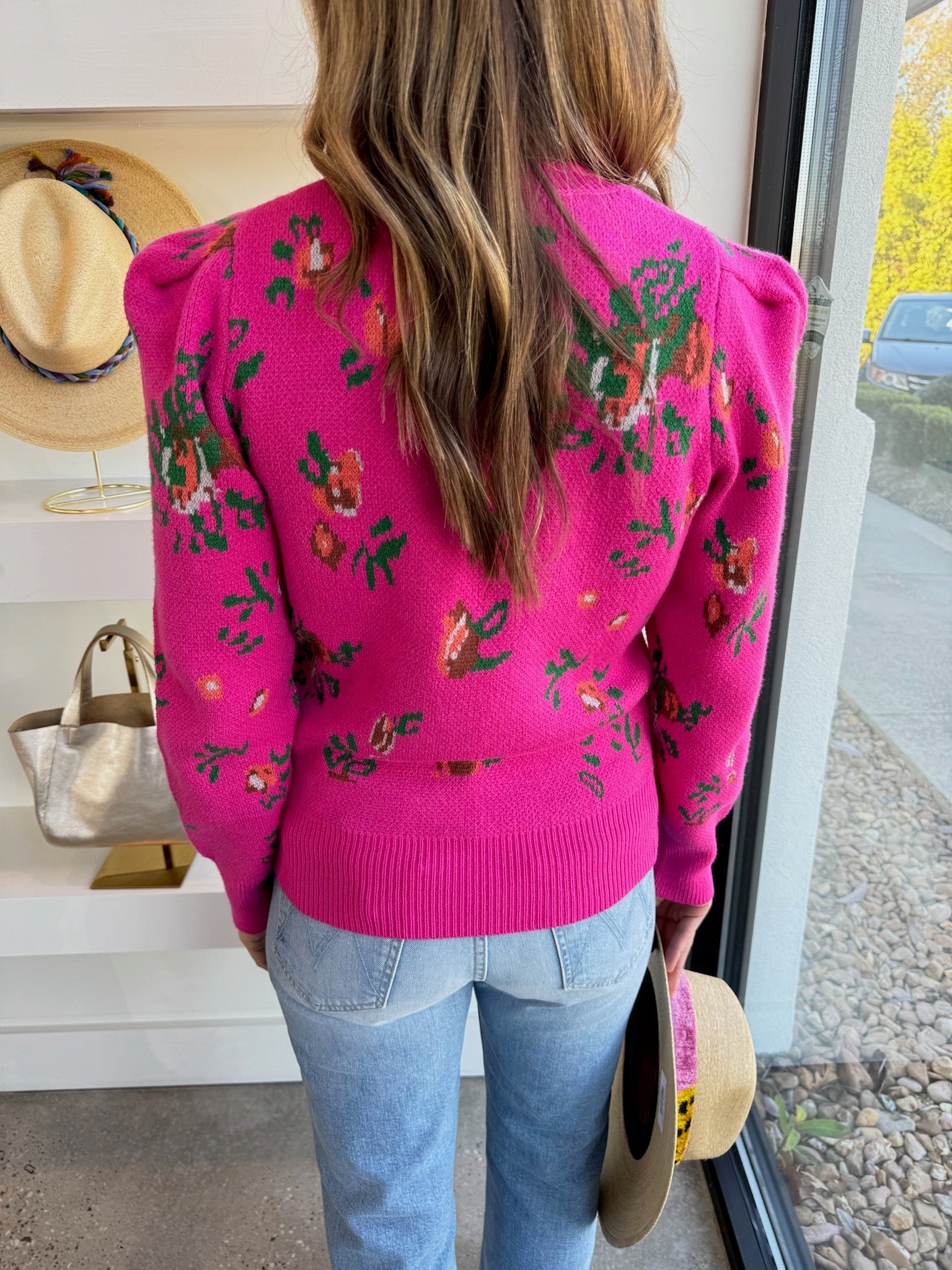 Pink Floral Crew Neck Sweater - Amor Lafayette