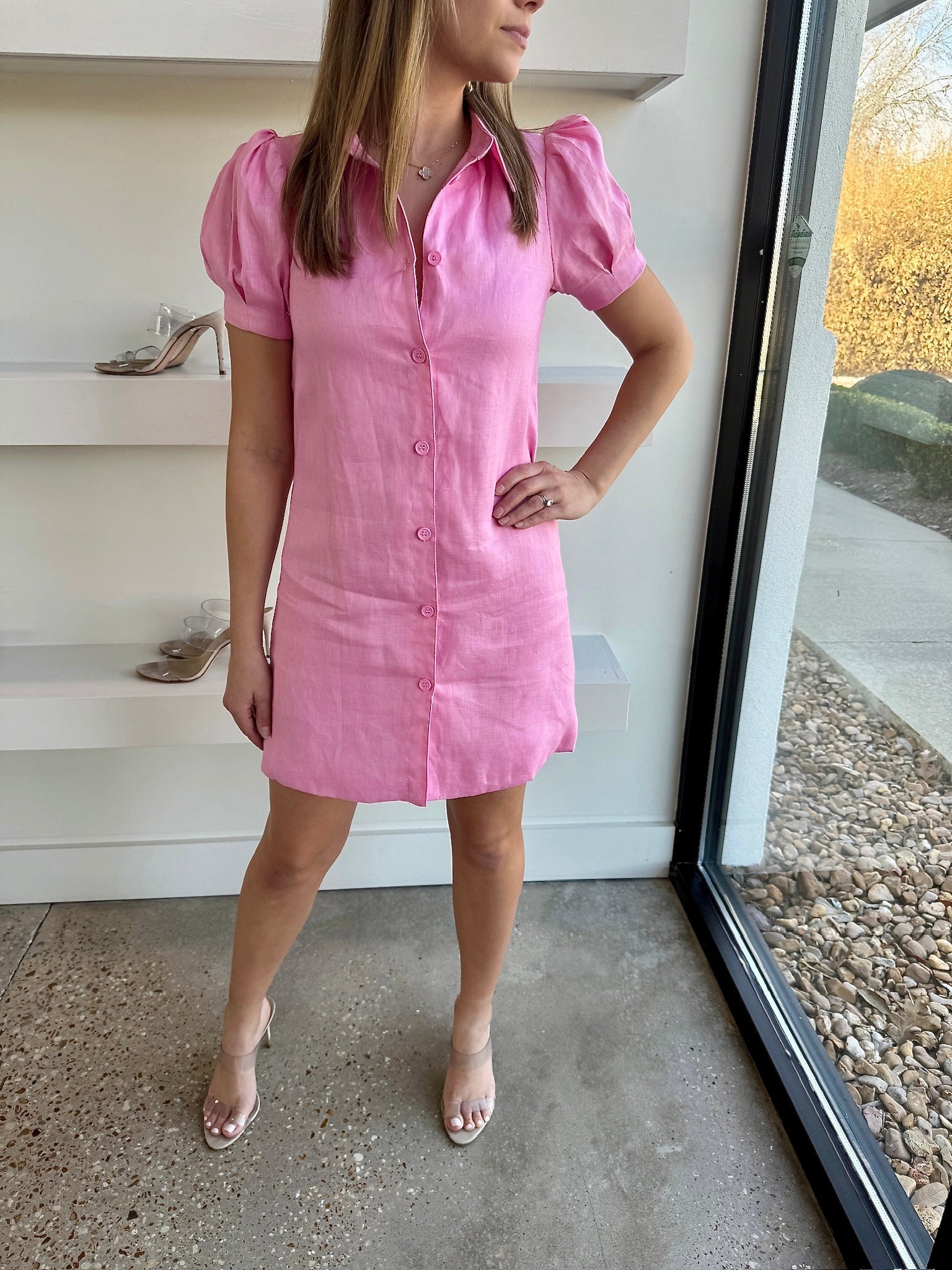 Pink Linen Button Down Dress - Amor Lafayette