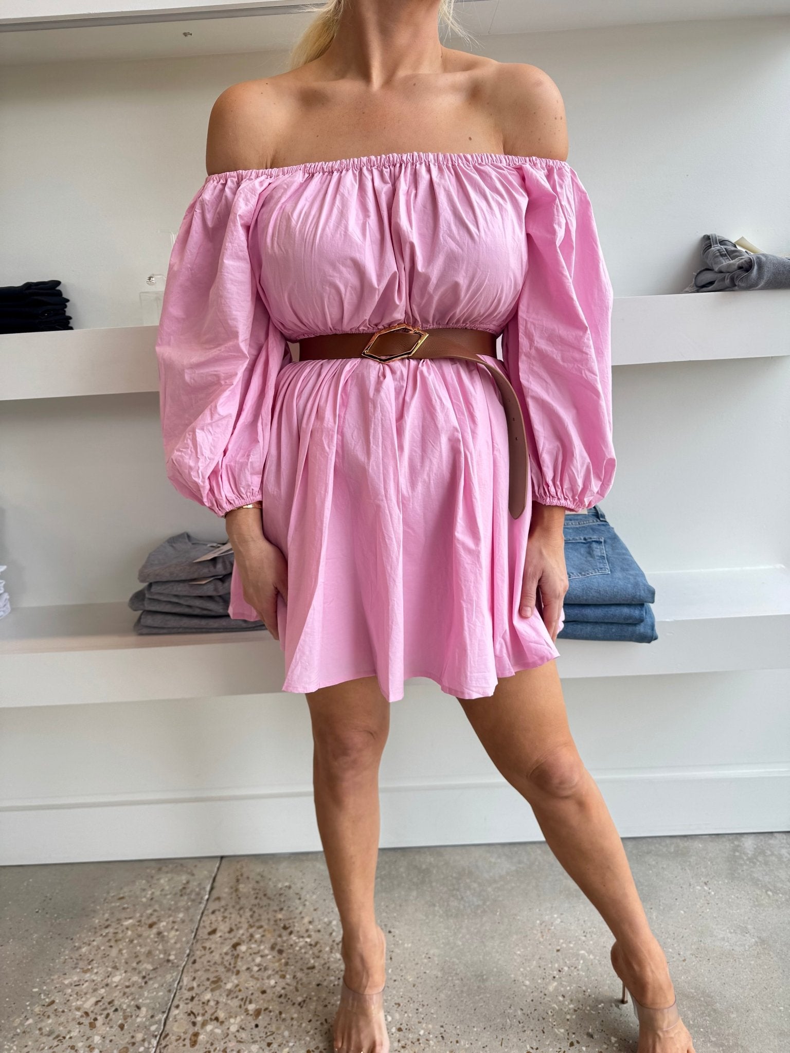 Pink Off The Shoulder Puff Sleeve Mini Dress - Amor Lafayette