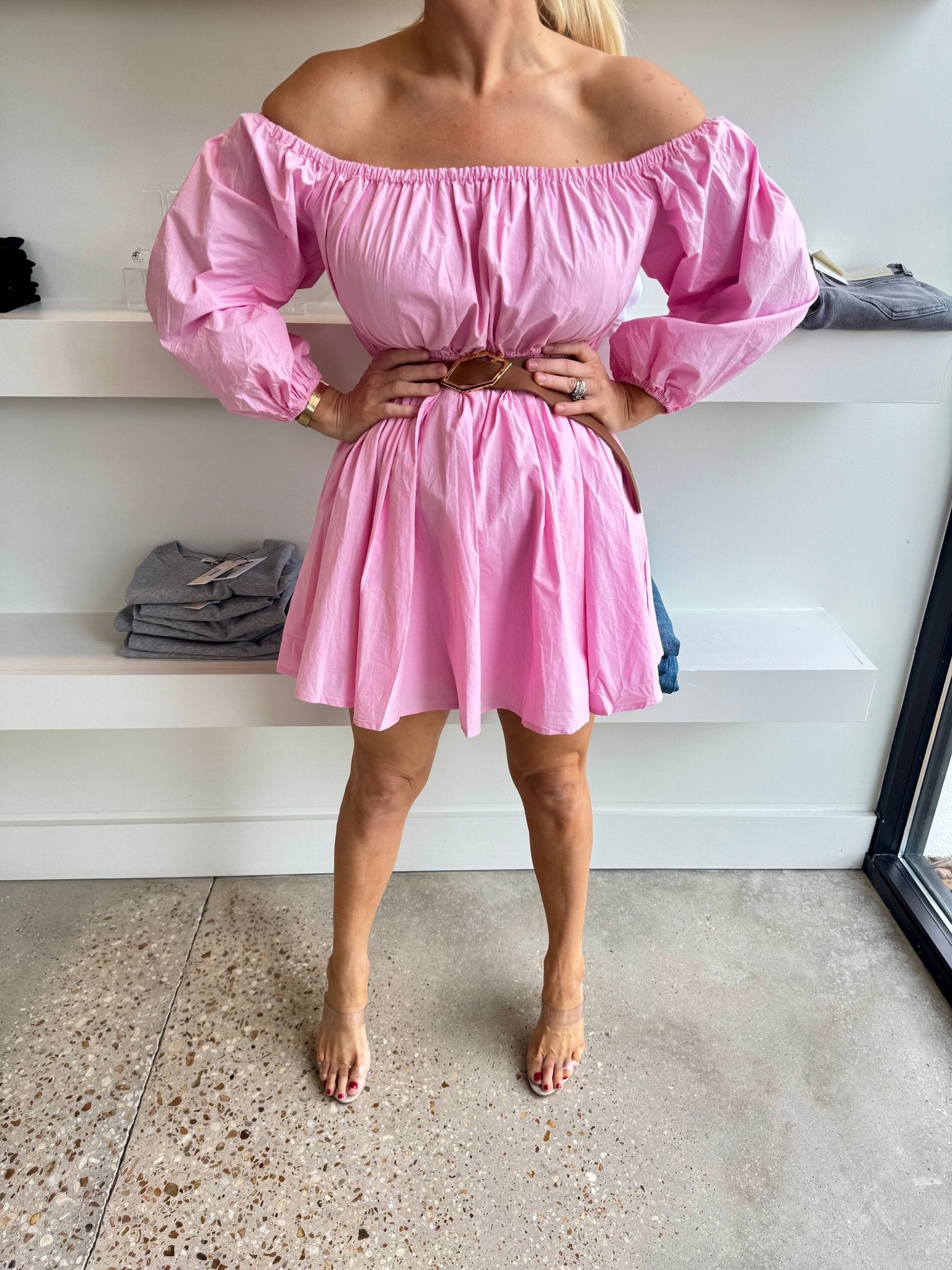 Pink Off The Shoulder Puff Sleeve Mini Dress - Amor Lafayette