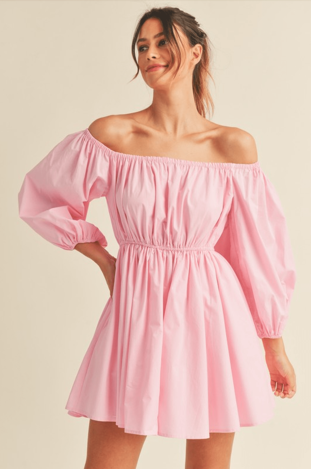 Pink Off The Shoulder Puff Sleeve Mini Dress - Amor Lafayette