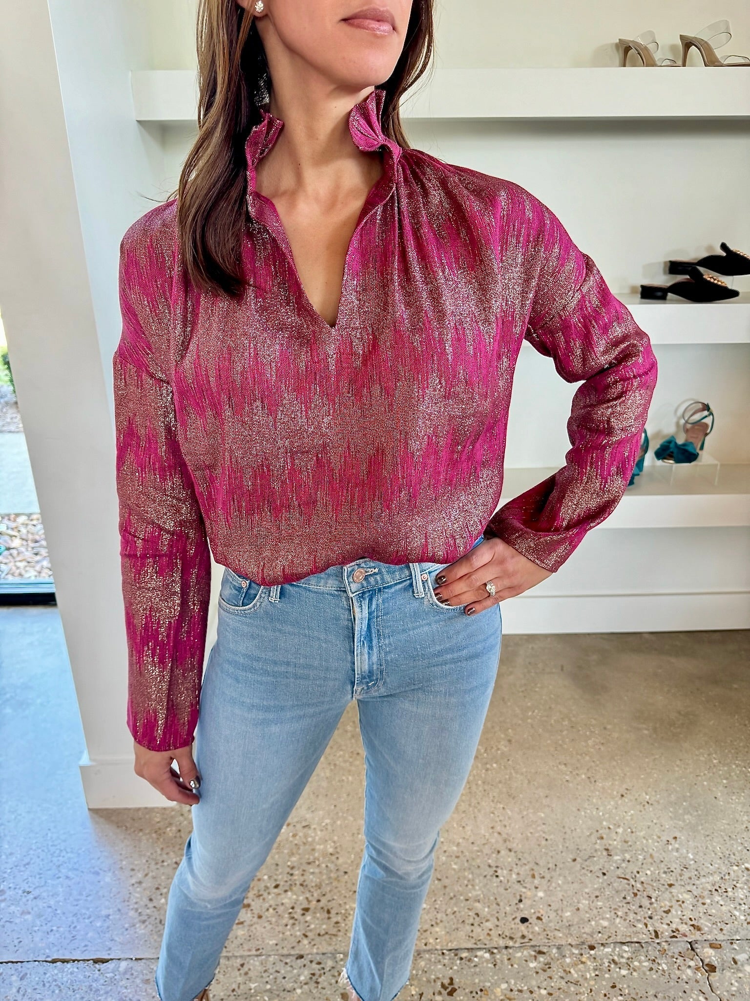 Pink Sparkle Ikat Vicki Long Sleeve Top - Amor Lafayette