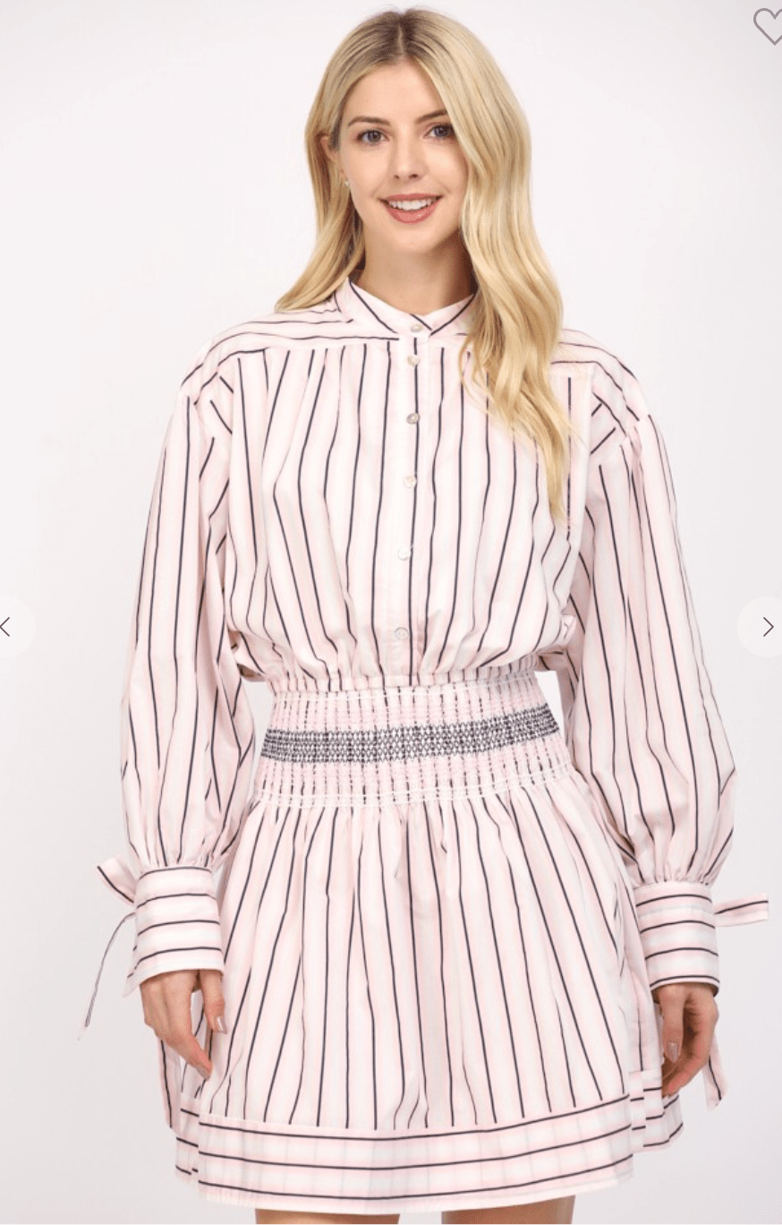 Pink Stripe Smocked Wast Shirt Dress - Amor Lafayette