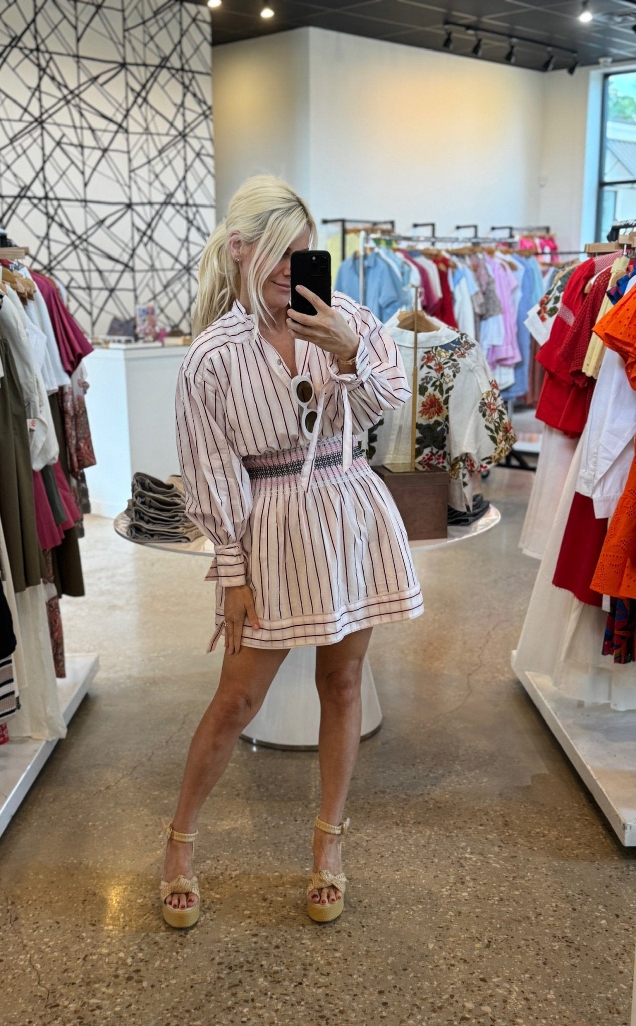 Pink Stripe Smocked Wast Shirt Dress - Amor Lafayette