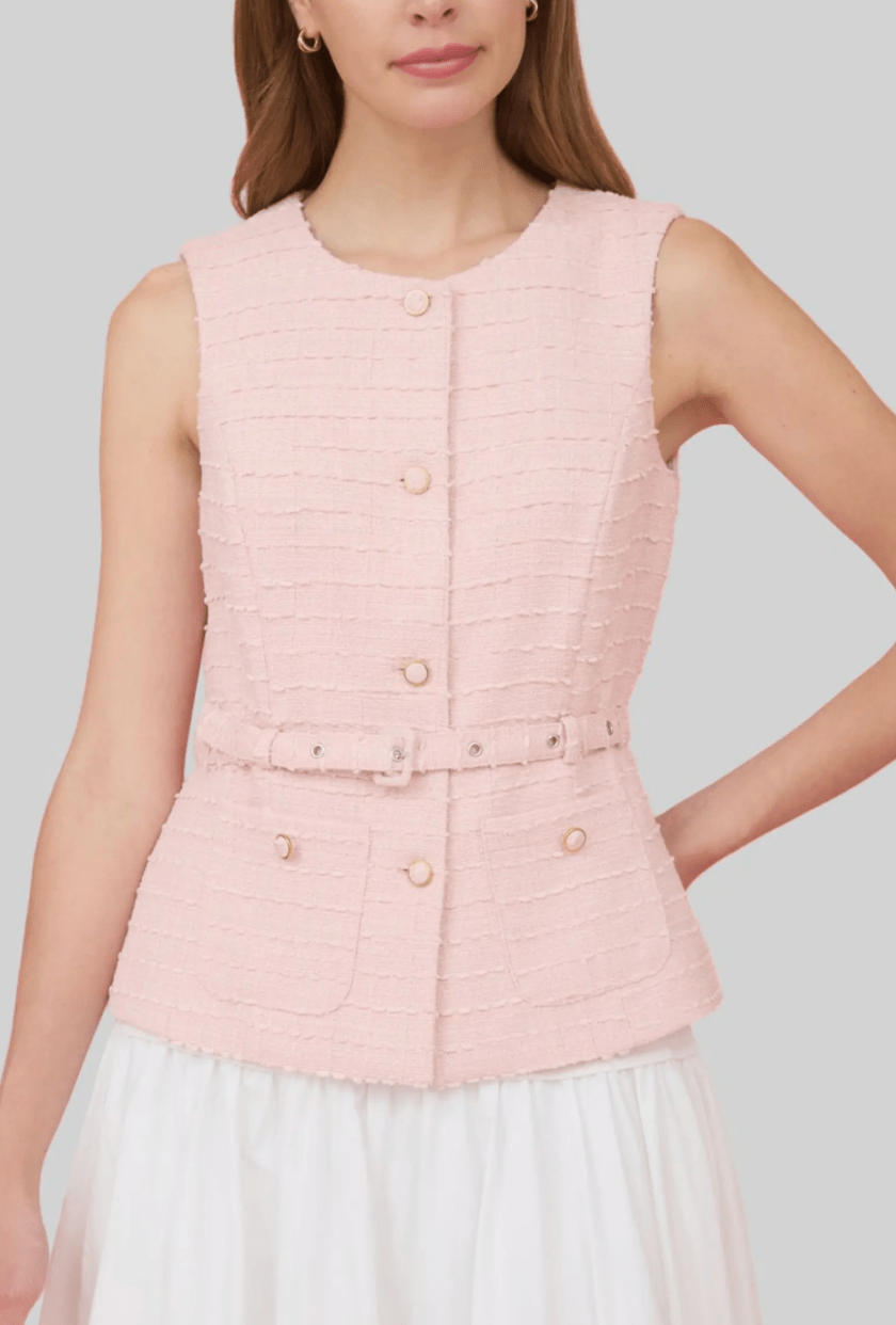 Pink Tweed Belted Vest - Amor Lafayette