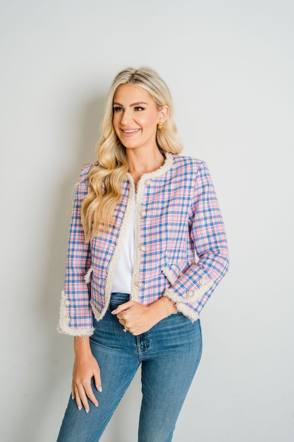 Pink/Blue Louvre Crop Jacket - Amor Lafayette