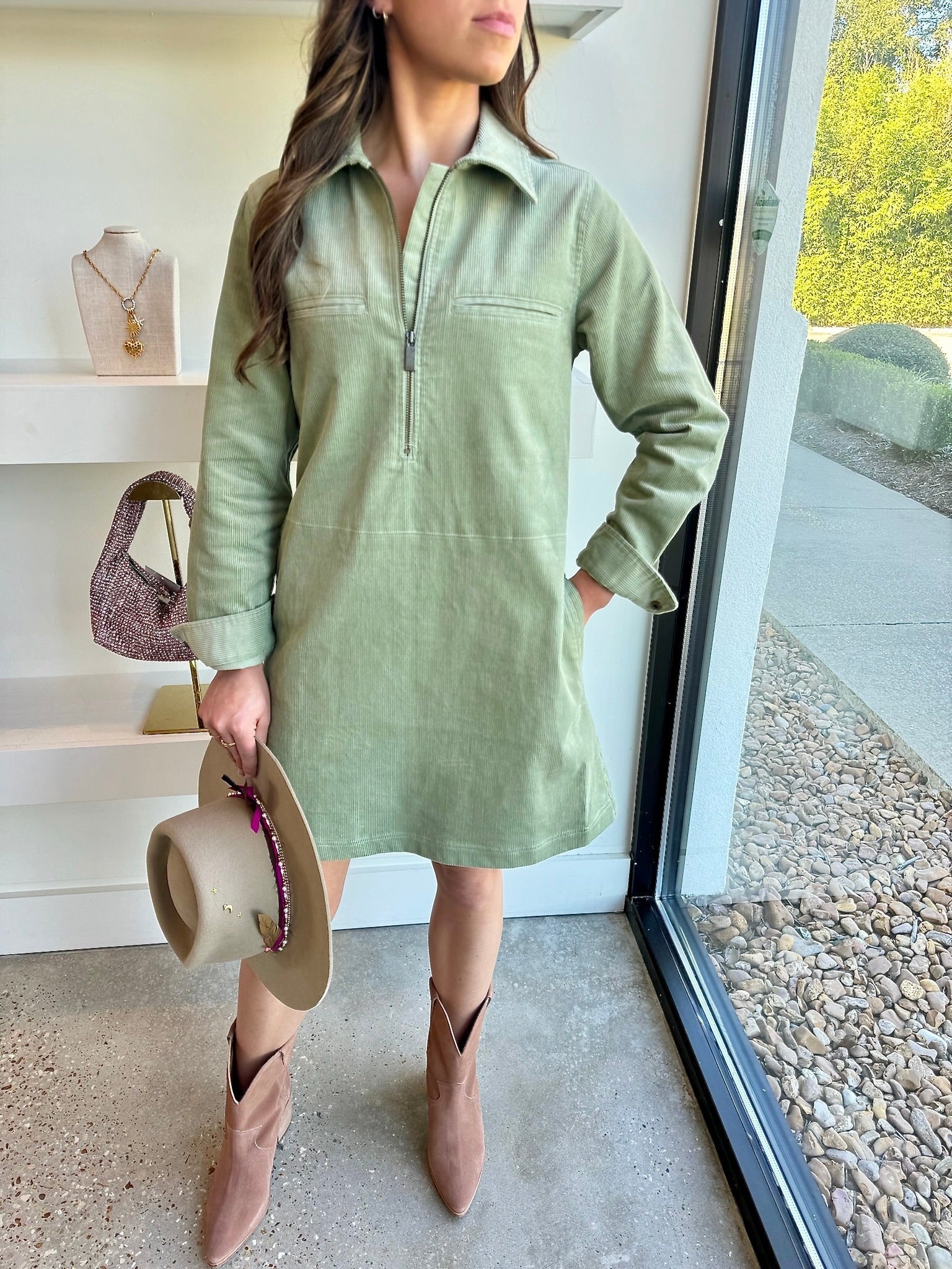 Pistachio Athens Zip Front Dress - Amor Lafayette