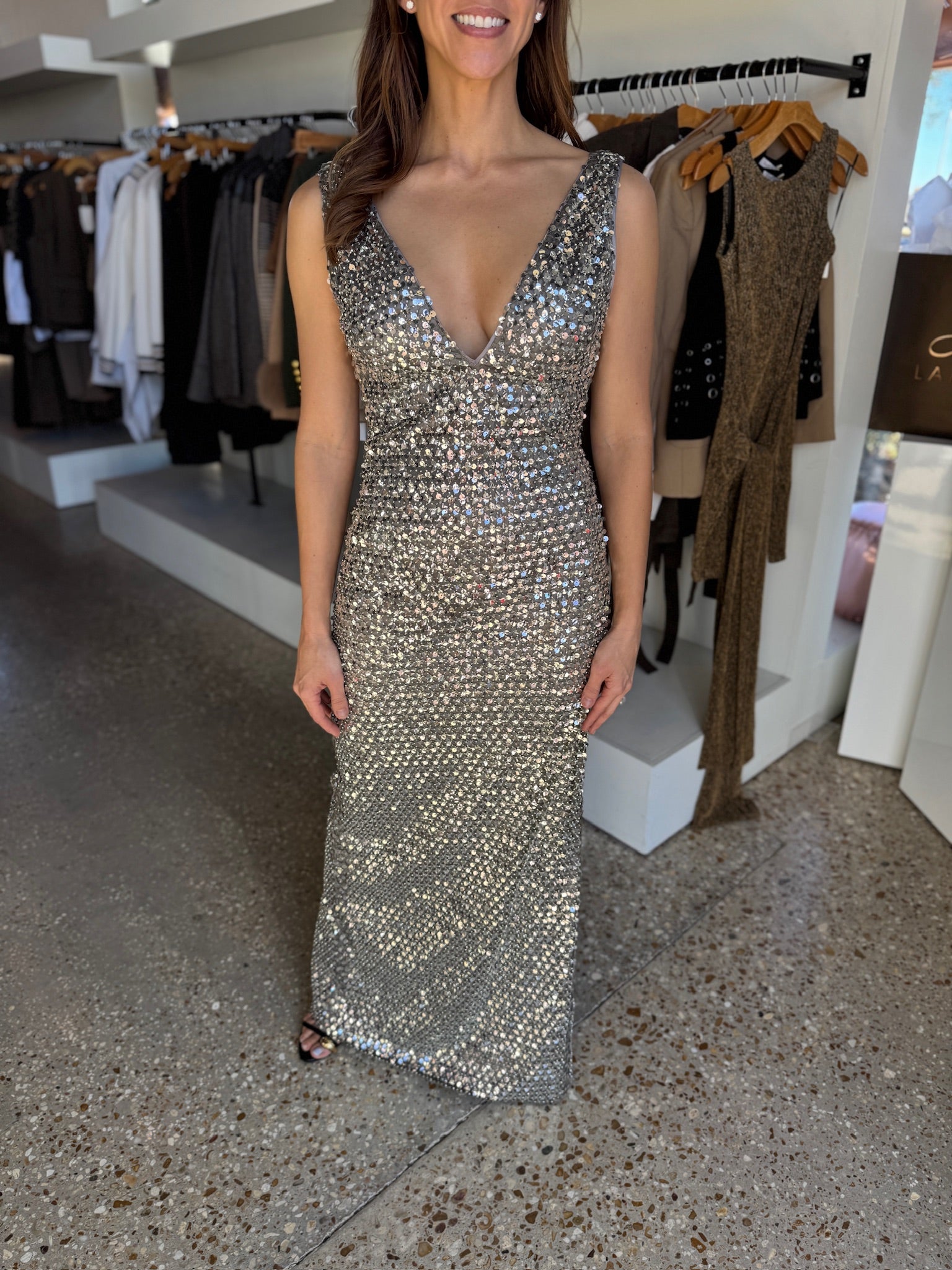 Platinum Sequin Ellie Gown - Amor Lafayette