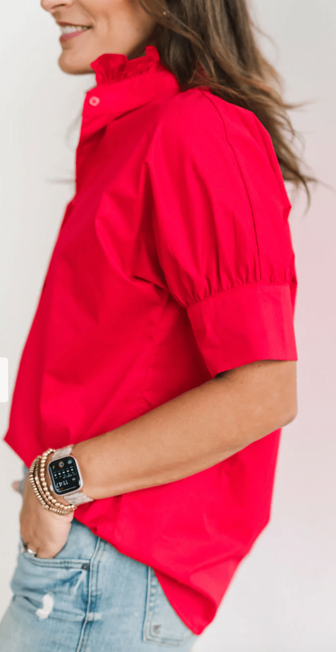 Red S/S Ruffle Neck Shirt - Amor Lafayette