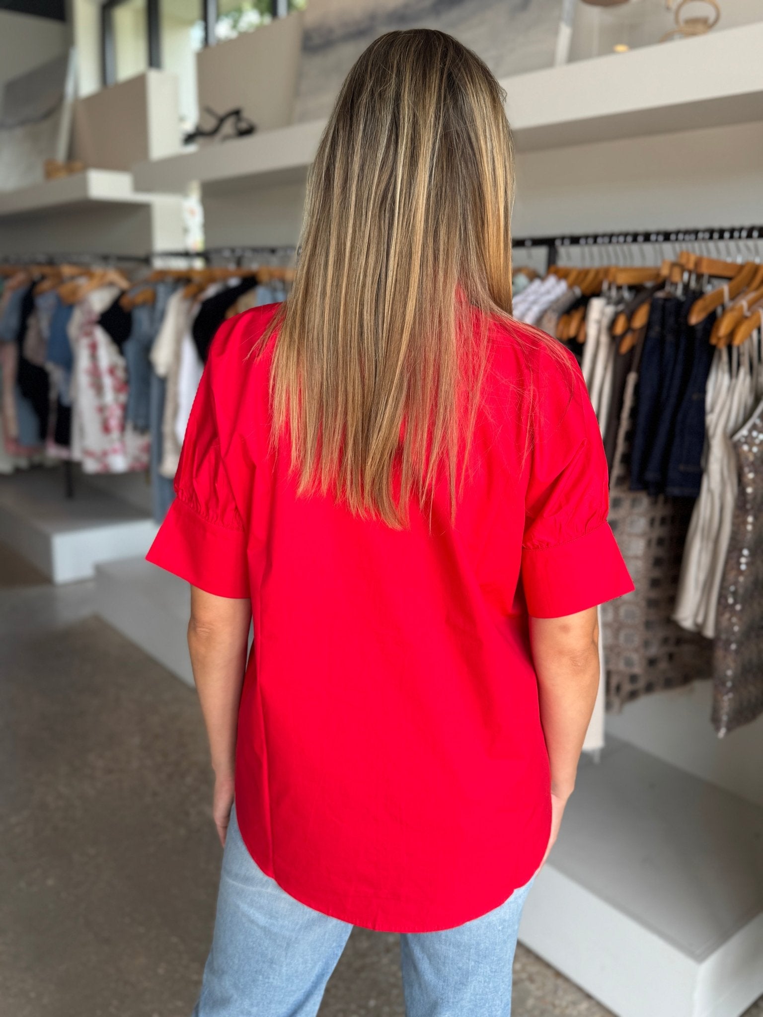 Red S/S Ruffle Neck Shirt - Amor Lafayette