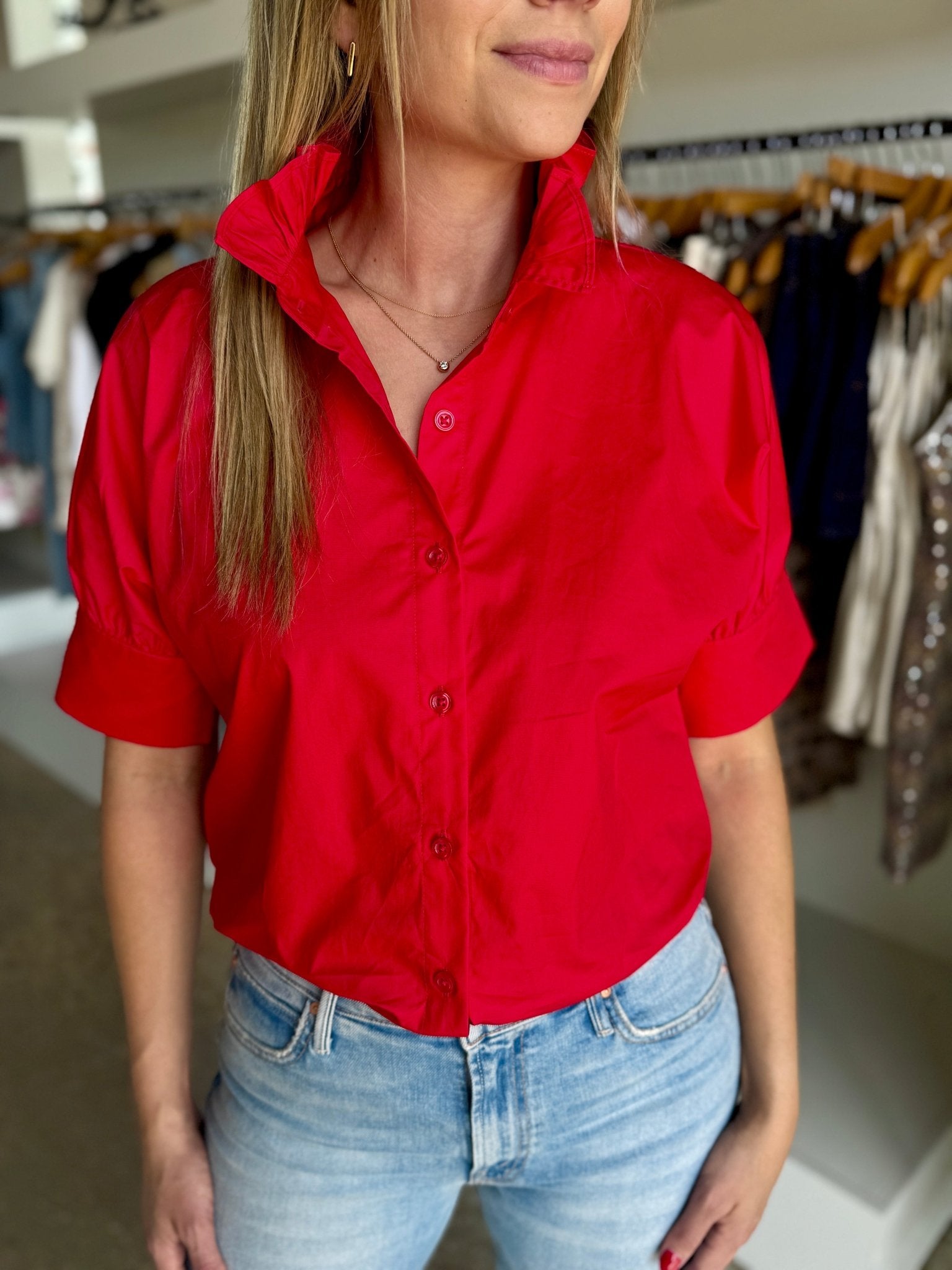 Red S/S Ruffle Neck Shirt - Amor Lafayette