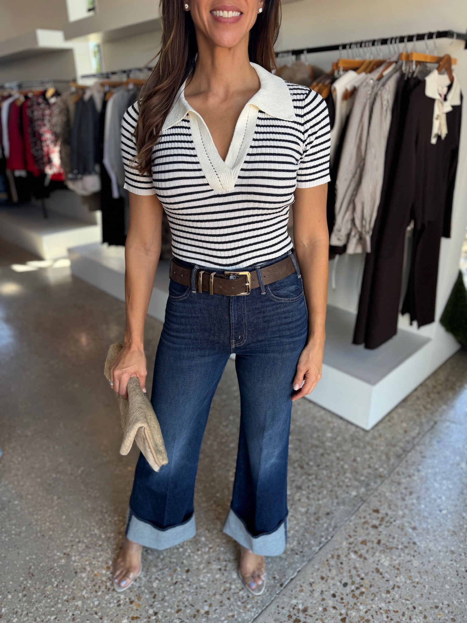 Retro Preppy Contrast Collar Striped Knit Polo Top - Amor Lafayette