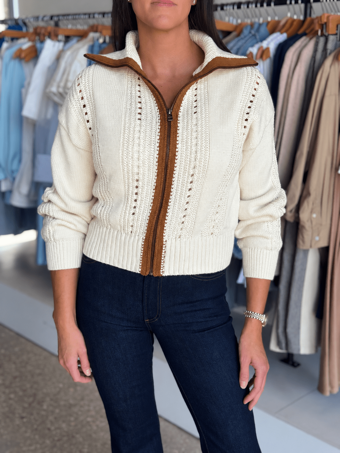 Rope Contrast Collar Zip Cardigan - Amor Lafayette