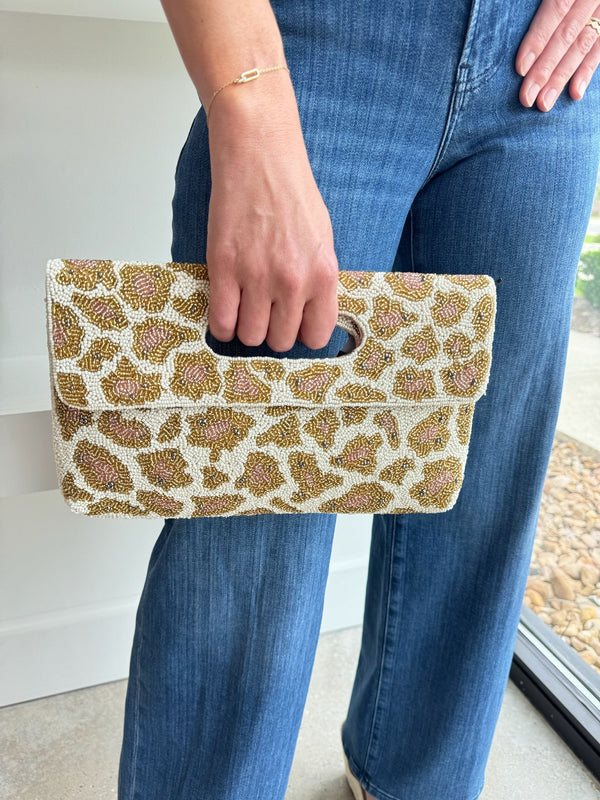 Rose Gold Leopard Clutch with Chain Strap - Amor Lafayette
