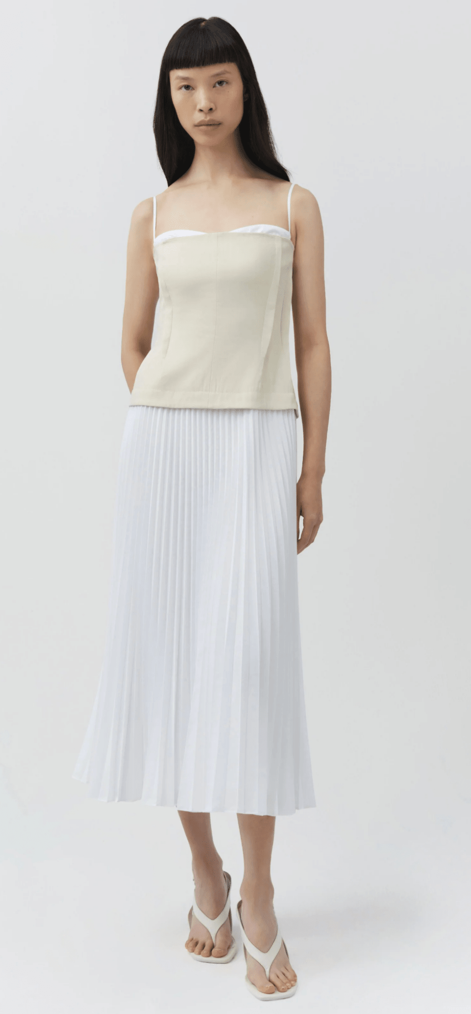 Sand Multi Duval Linen Bustier Pleated Midi Dress - Amor Lafayette