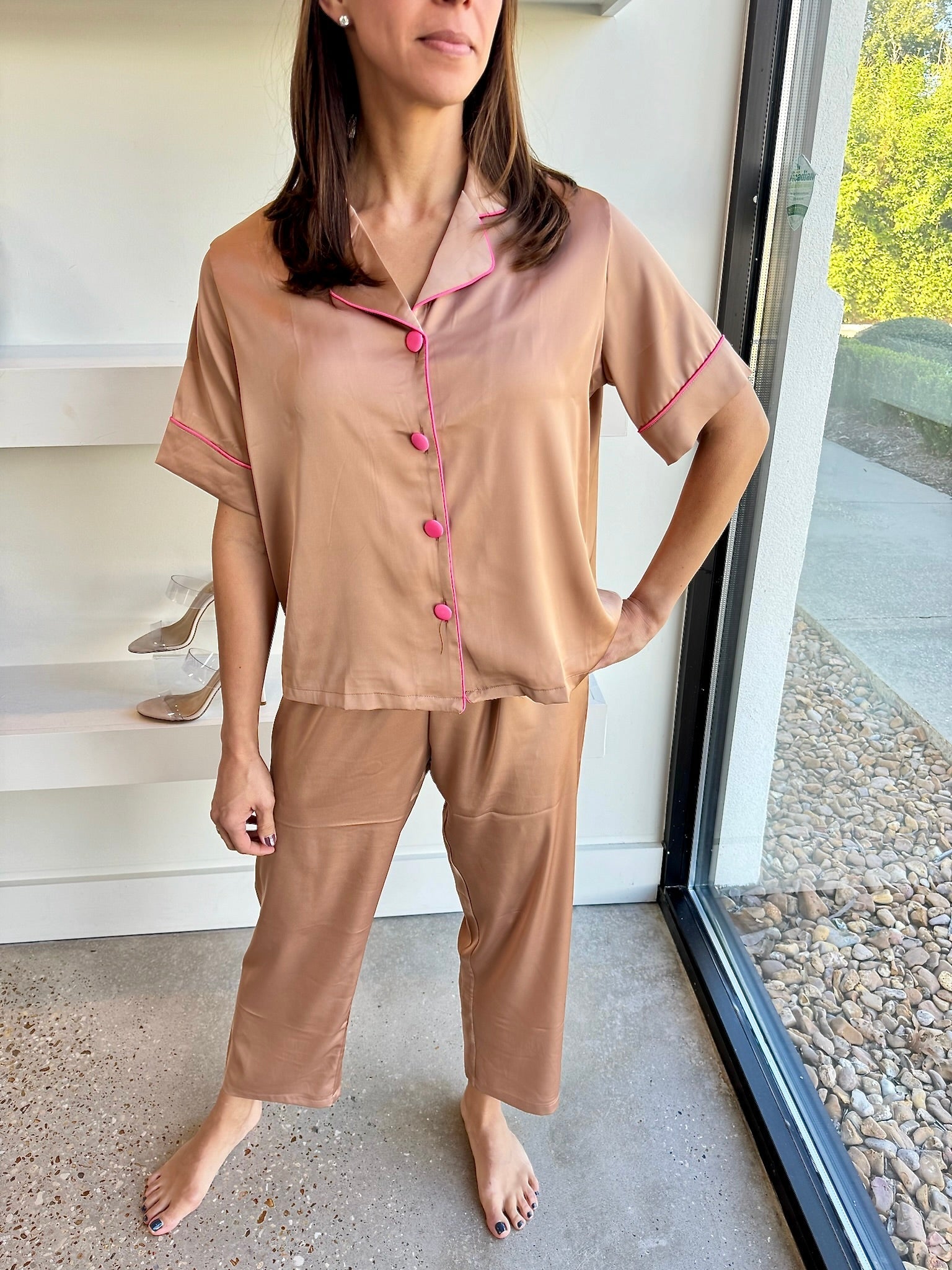 Silky Nude Short Sleeve Pajama Set - Amor Lafayette