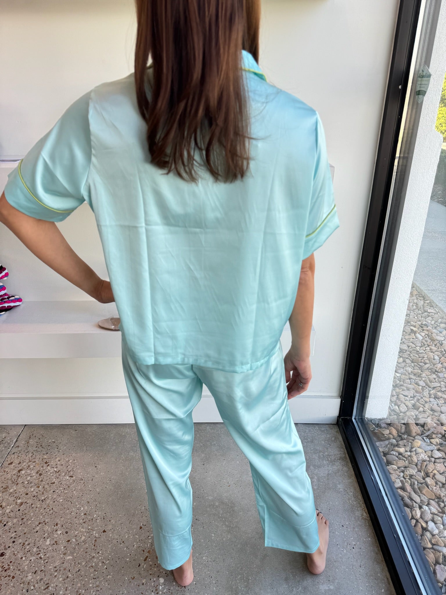 Silky Turquoise Short Sleeve Pajama Set - Amor Lafayette