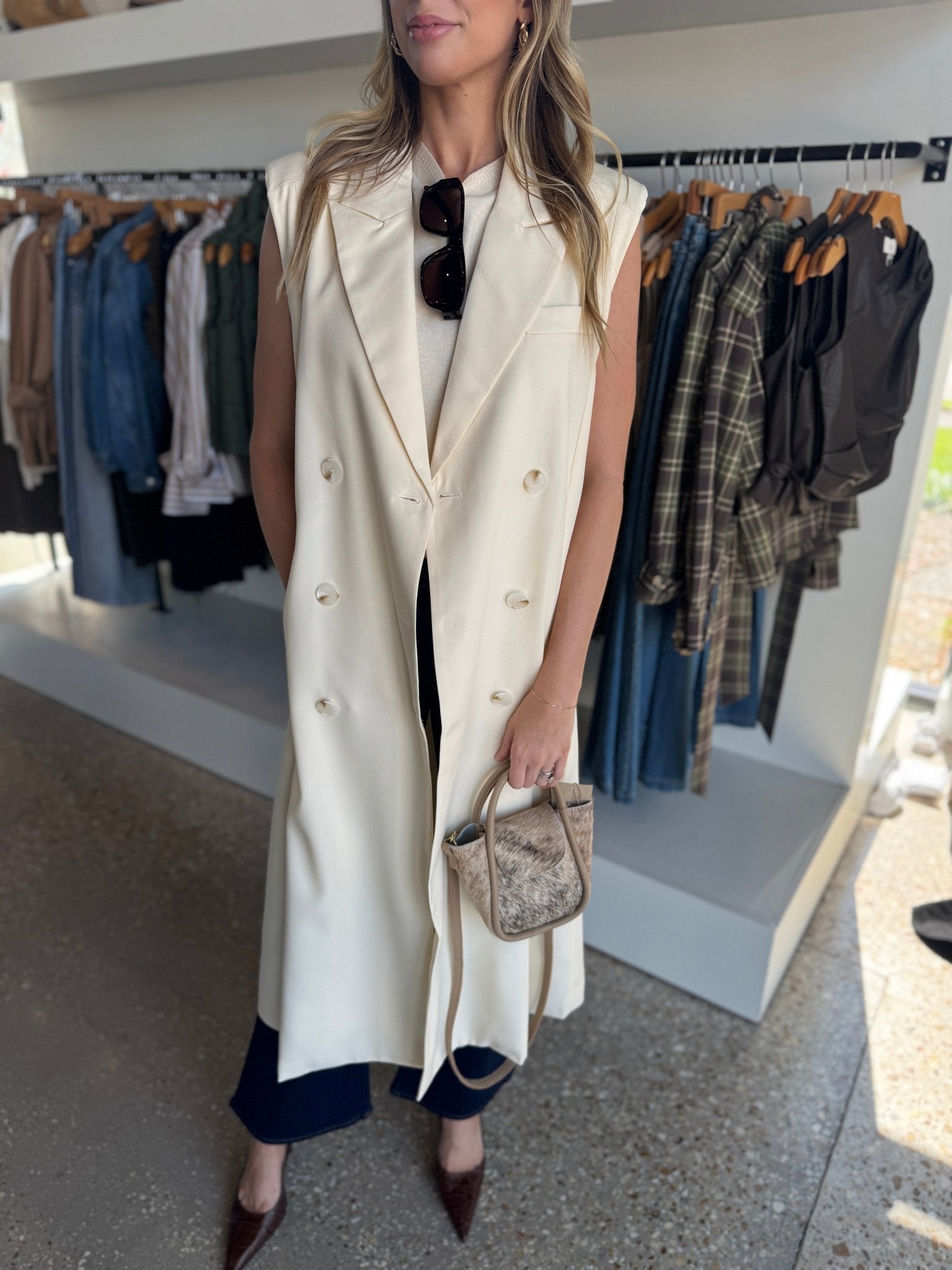 Sleeveless Long Blazer Jacket - Amor Lafayette