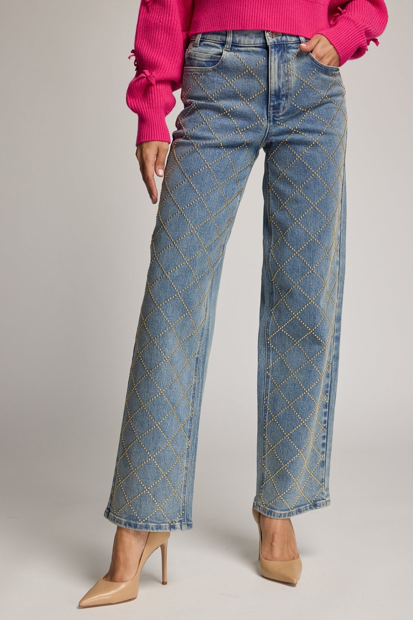 SOFT VINTAGE/GOLD STARIA STUDDED PLAID JEANS - Amor Lafayette