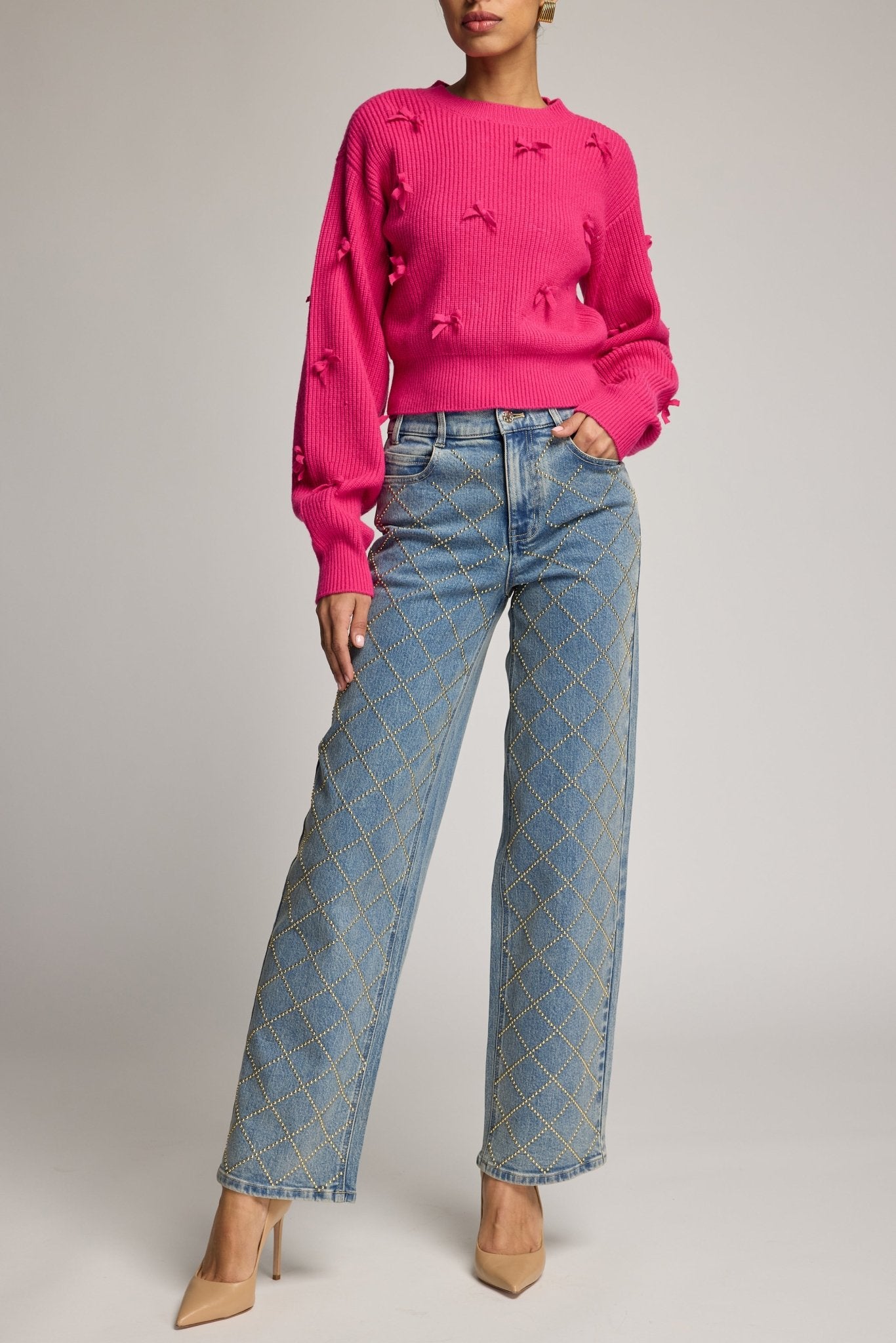 SOFT VINTAGE/GOLD STARIA STUDDED PLAID JEANS - Amor Lafayette