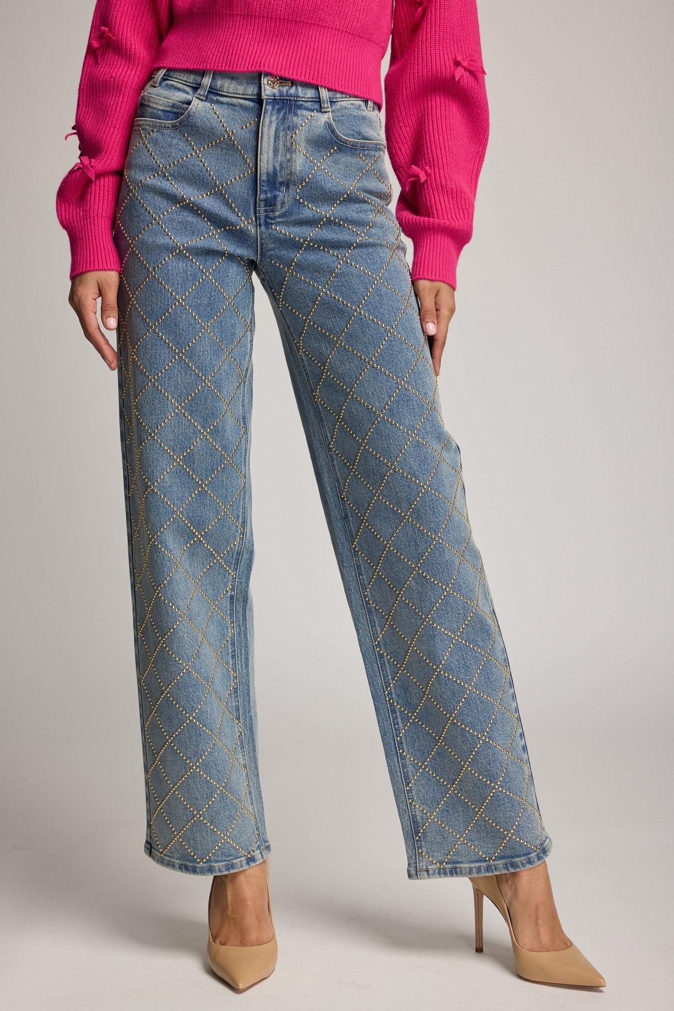 SOFT VINTAGE/GOLD STARIA STUDDED PLAID JEANS - Amor Lafayette
