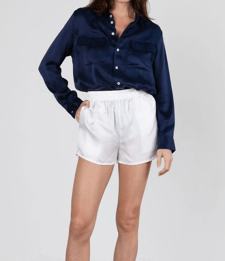SPORTY SILK TRACK SHORTS WHITE NAVY PIPING - Amor Lafayette