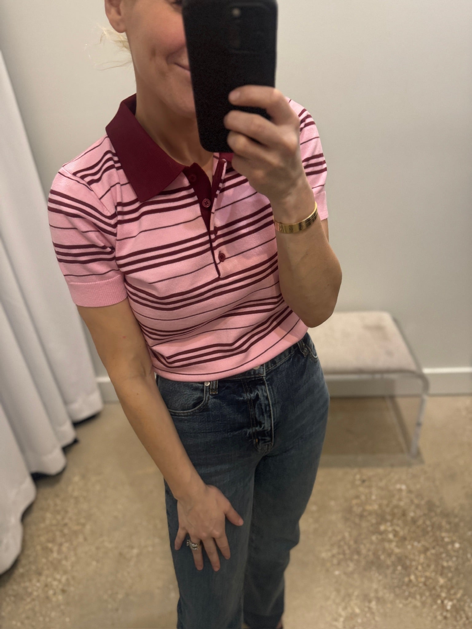 Striped Polo Knit Top in Pink/Burgundy - Amor Lafayette