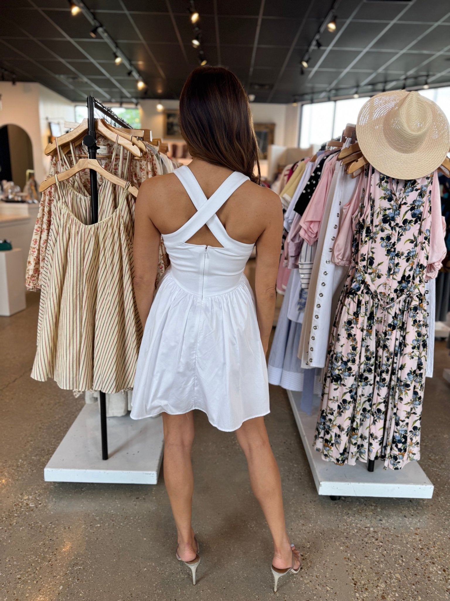 Summer White Cleo Ponte/Poplin Halter Mini Dress - Amor Lafayette