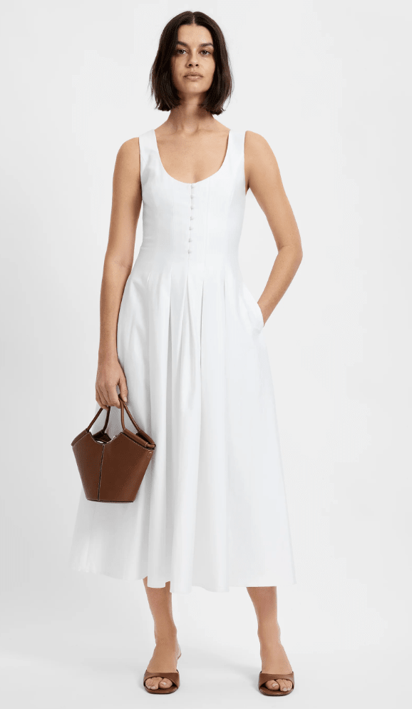 Summer White Cotton Sateen Midi Dress - Amor Lafayette