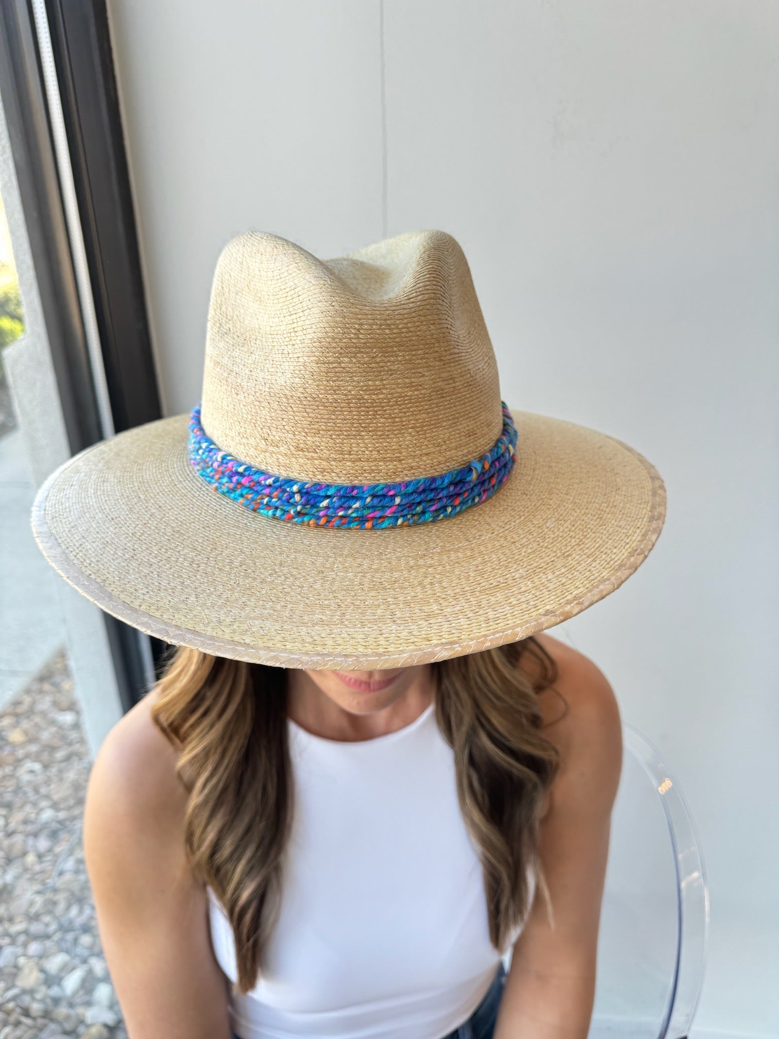 Tan Hat with Blue Mexi Rope and Multicolored Burst - Amor Lafayette