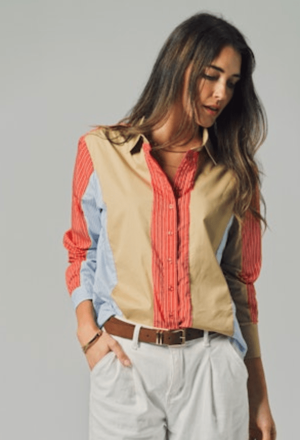 Tan/Red/Blue Boyfriend Shirt in Stripe - Amor Lafayette