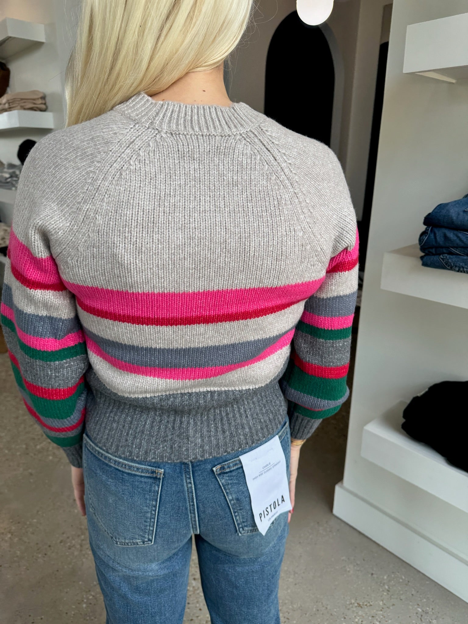 Taupe Heather Stripe Raglan Crop Pullover - Amor Lafayette