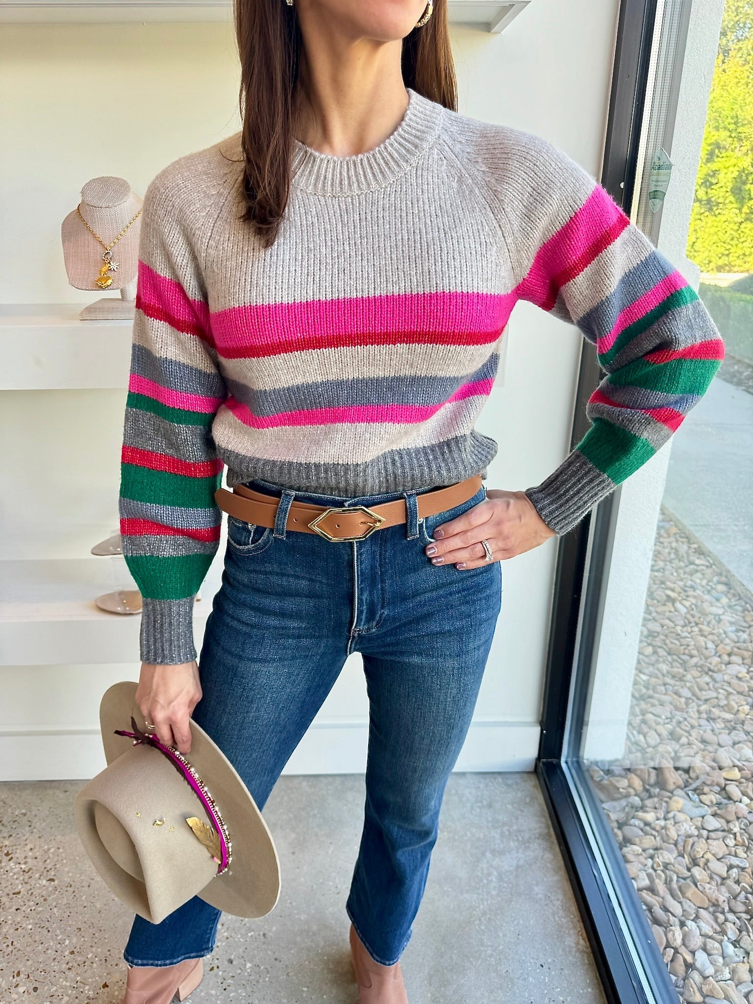 Taupe Heather Stripe Raglan Pullover - Amor Lafayette