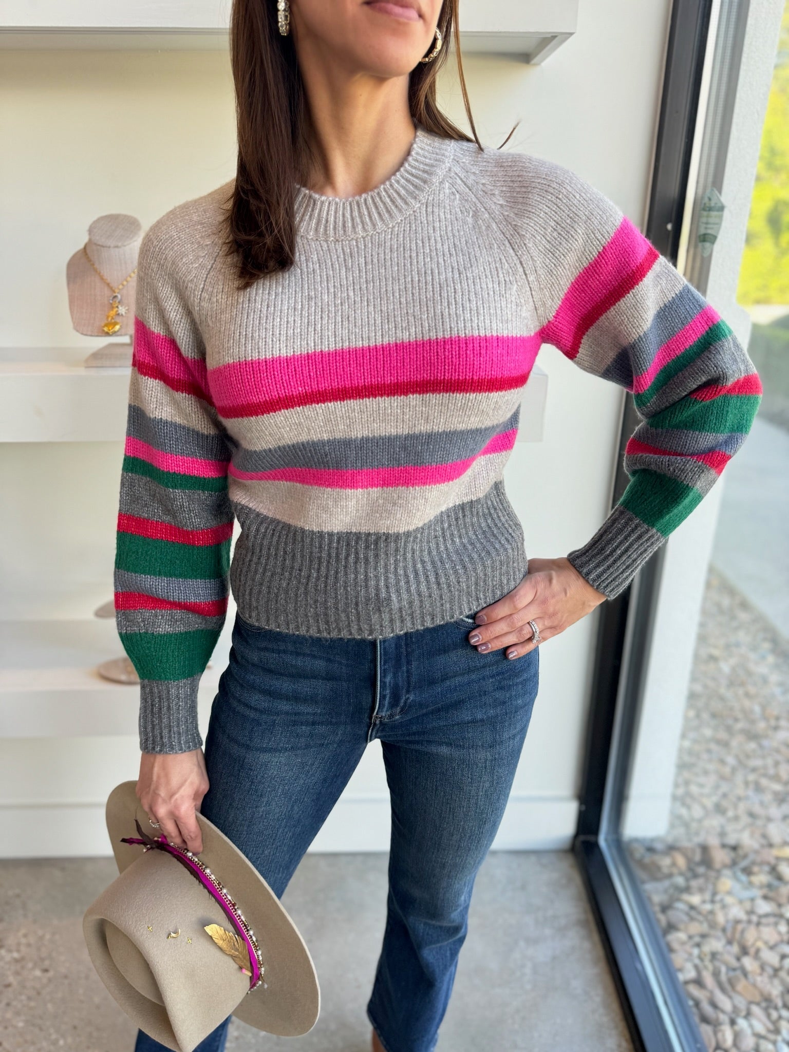 Taupe Heather Stripe Raglan Pullover - Amor Lafayette