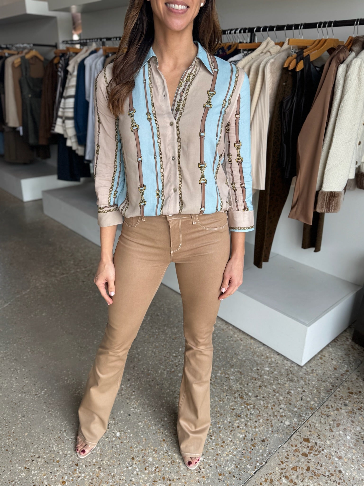 Taupe/ Light Sage Belt Stripe Camille 3/4 Sleeve Blouse - Amor Lafayette