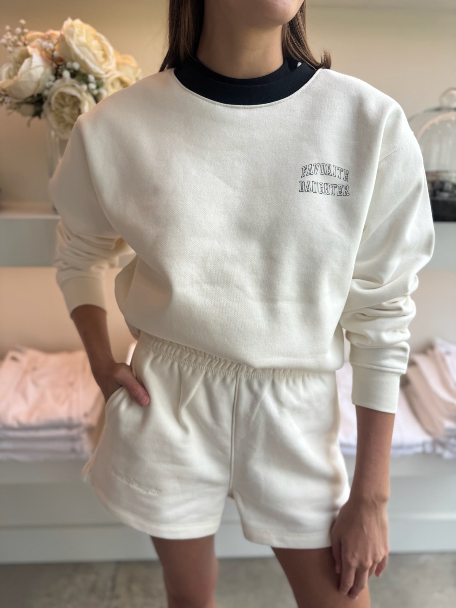 The Collegiate Chest Classic Sweatshirt in Ivory/Black - Amor Lafayette