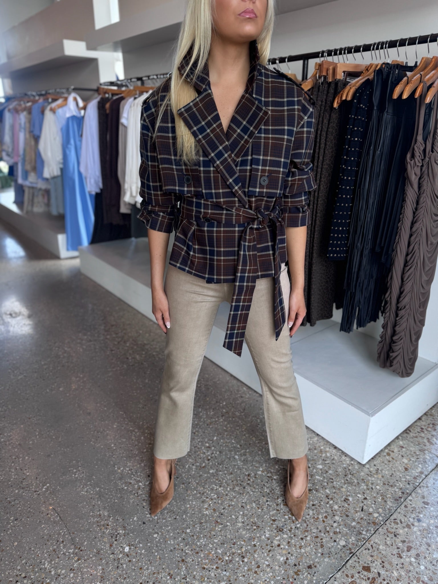 The Cropped Charles Trench in Toffee Plaid - Amor Lafayette
