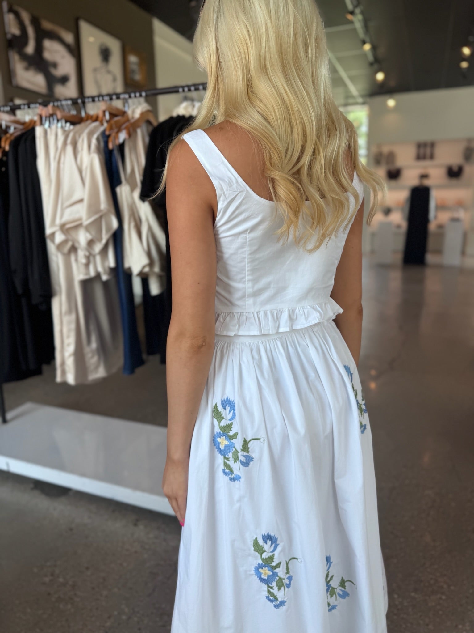 The Lana Skirt in White Blue Floral - Amor Lafayette
