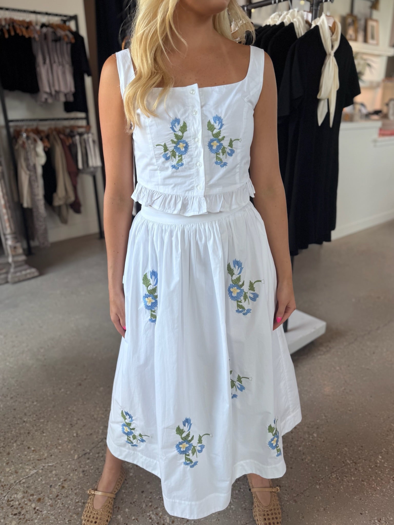 The Lana Skirt in White Blue Floral - Amor Lafayette